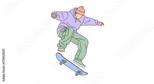 Skateboarder performing a trick in the air, focused on the action.