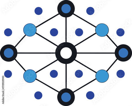 Abstract geometric network of interconnected lines and nodes in a symmetrical pattern with blue and black circular elements representing data flow and connections.