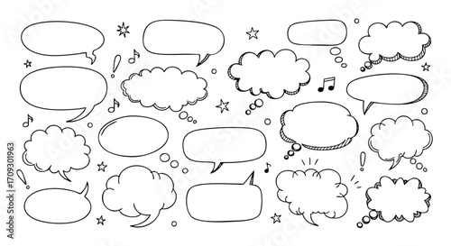 Doodle speech bubbles for creative projects, add your own text to these fun black and white shapes