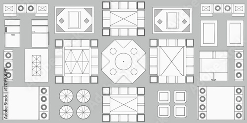 Top down view of various furniture and home decor elements arranged in a flat lay composition