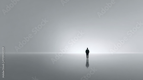 subtle shadow of a tired human silhouette in the distance, central negative space for text, concept: Loneliness, antisocial behavior, depression, overwork, 16:9