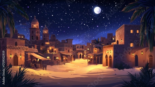 Night ancient arab city in desert cartoon landscape. Dark old arabian building in Egypt town.