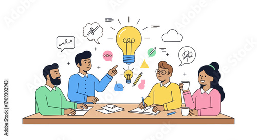 Team brainstorming session with lightbulb representing ideas and innovation.