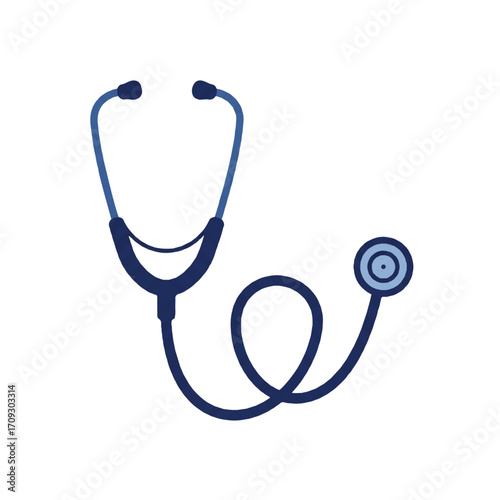A vibrant flat 2D vector illustration showcases a clean medical stethoscope featuring distinct heart-shaped tubing, beautifully presented on a minimalist plain white background.