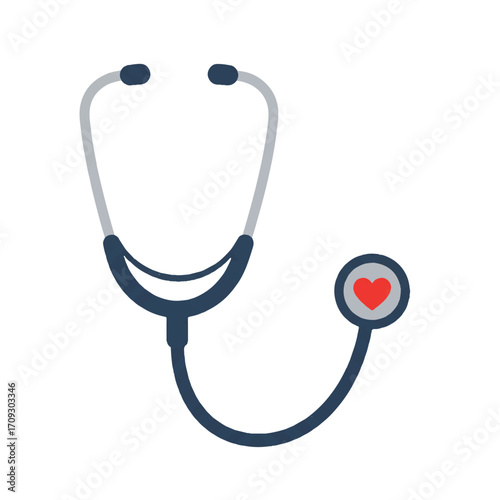 A crisp 2D flat vector illustration presents a classic stethoscope with a small, vibrant red heart, symbolizing health and care on a clean, plain white background.