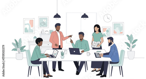 Team members collaborate on a project during a meeting in the office.