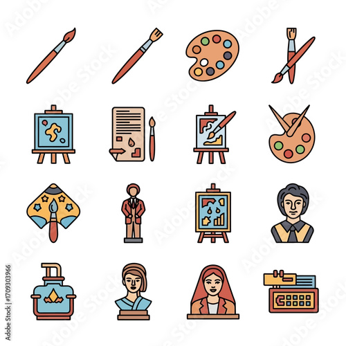 Art and Painting Icons - Brushes, Palettes, Easels, and Sculptures.