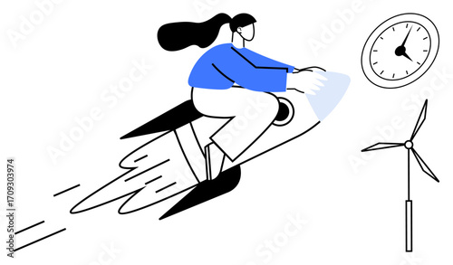 Woman on rocket symbolizes progress and speed nearby clock and wind turbine signify time, sustainability. Ideal for innovation, efficiency, green energy, time management, growth, leadership, future