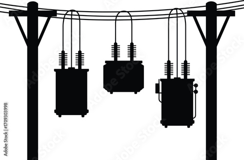 Electrical power distribution, utility pole transformers, overhead power lines, energy infrastructure, voltage step-down system, rural electricity supply, industrial grid network,