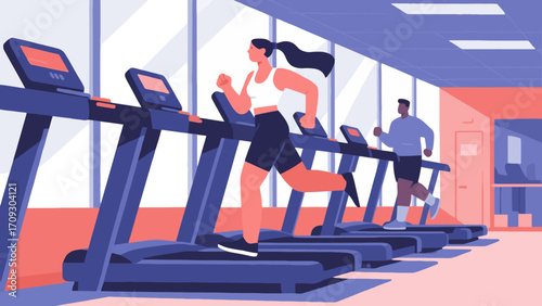 Running on the treadmill in the gym, hand-drawn vector illustrations