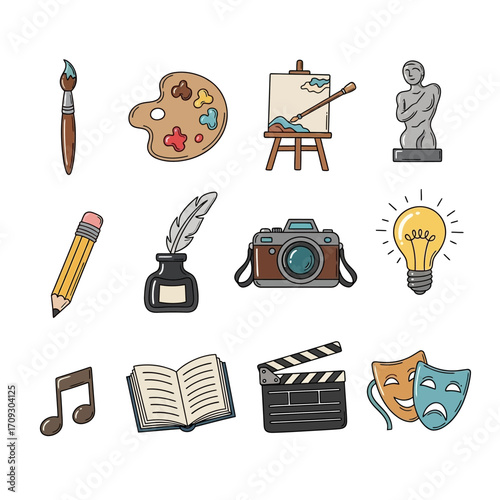 Artistic Tools and Creative Elements - A Collection of Art Supplies and Symbols.