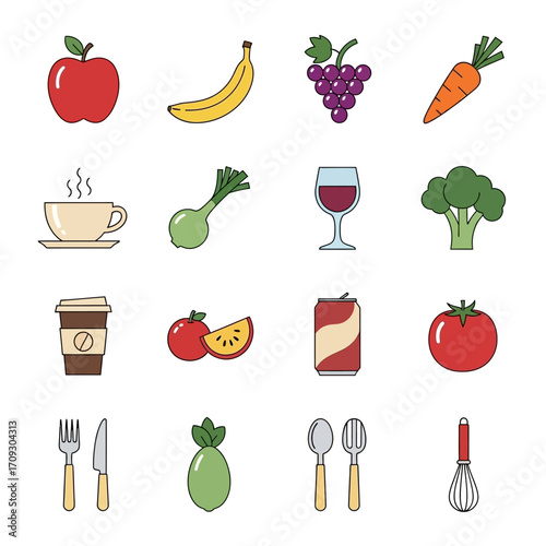 Assortment of Colorful Food and Drink Icons for Healthy Lifestyle.