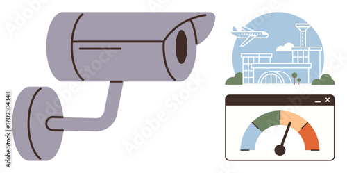 Security camera monitoring activity, dashboard with performance gauge, airplane and airport terminal. Ideal for safety, technology, airports, surveillance, security monitoring data control. Simple