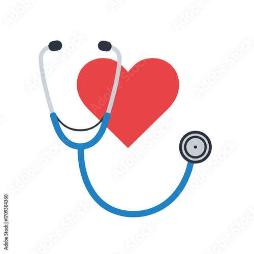 A clean flat 2D vector illustration depicts a modern stethoscope and a vibrant heart graphic, symbolizing healthcare and medical diagnosis on a simple plain white background.