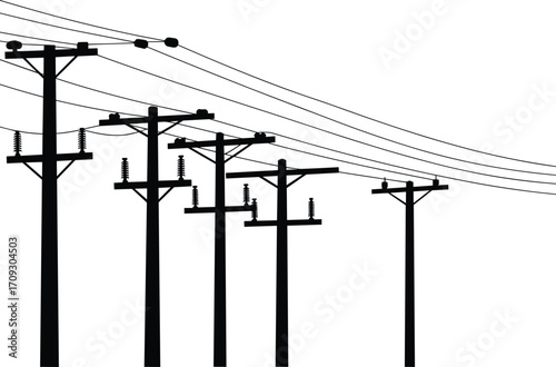 Utility poles with overhead power lines, electrical distribution infrastructure, rural energy supply, perspective view, sagging cables, insulators, crossarms, depth, distance, countryside, 