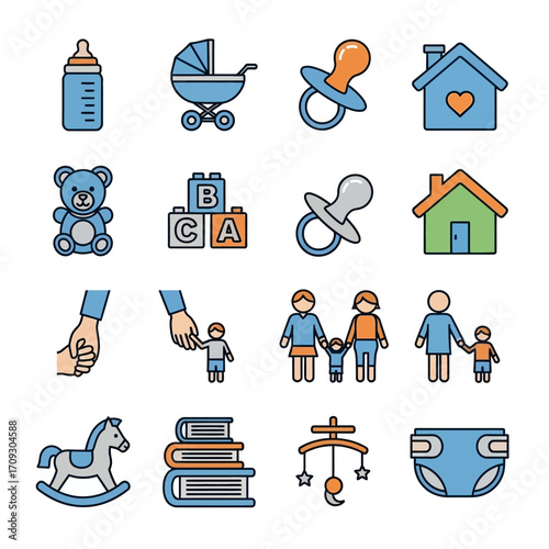Baby and Childhood Icons - Bottle, Stroller, Pacifier, House, Teddy Bear, Blocks, Family.