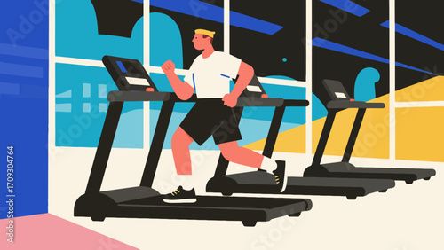 Running on the treadmill in the gym, hand-drawn vector illustrations