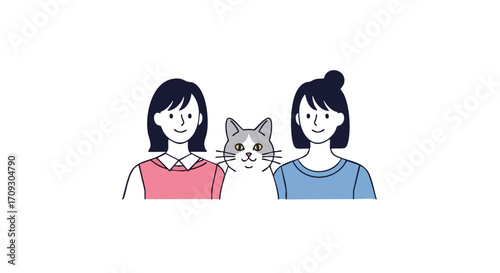 Cute illustration of two young women with a cat in the center smiling against a white background