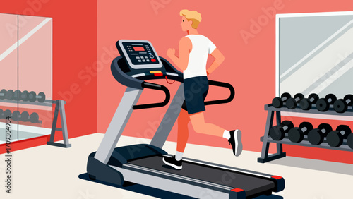 Running on the treadmill in the gym, hand-drawn vector illustrations