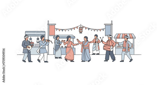 Traditional cultural dance performance with musicians and joyful people celebrating.