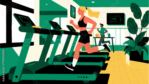 Running on the treadmill in the gym, hand-drawn vector illustrations