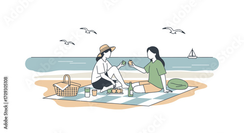 Two friends enjoying a picnic on the beach with drinks and cheers.
