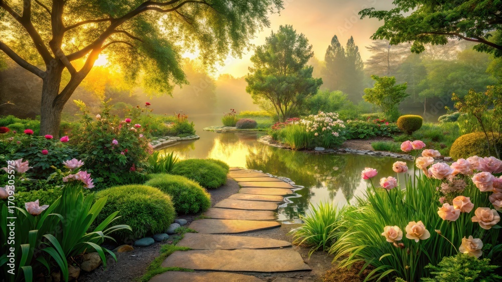 Serene Garden Path at Sunrise A Tranquil Landscape with Blossoming Flowers and a Reflective Pond Serene Garden Path at Sunrise A Tranquil Landscape with Blossoming Flowers and a Reflective Pond
