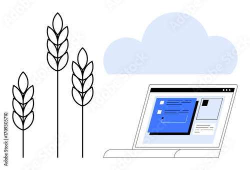 Wheat stalks, open laptop with data interface, and cloud icon. Ideal for agriculture, technology, farming, cloud computing, data analysis sustainability digital innovation. Simple flat metaphor