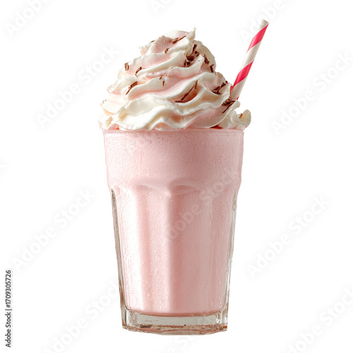 Pink milkshake in a glass with whipped cream and a straw