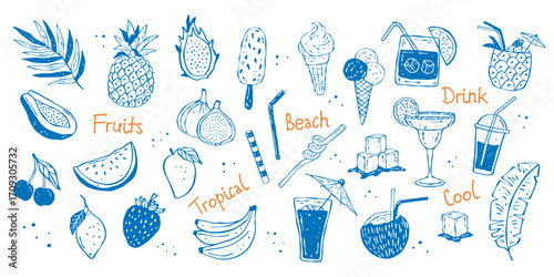 Hand-drawn doodle vector icons of tropical fruits, cocktails, ice cream, and summer drinks. Perfect for posters, menus, cards, and series of beach illustrations