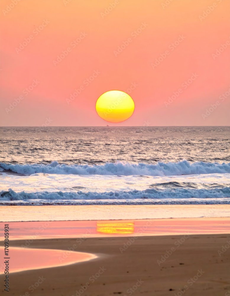 Obraz premium A serene seascape showcases a vibrant sun setting over gentle waves reflecting on the wet sand of a golden beach at twilight