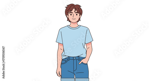Young man in casual summer outfit poses confidently for a portrait.