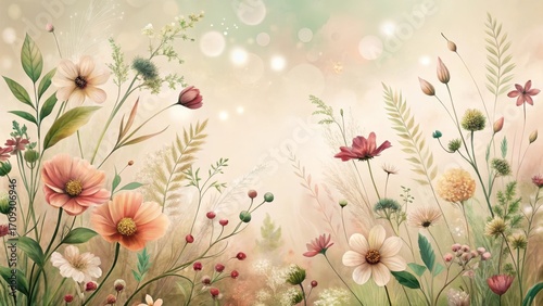 Enchanted Meadow A Serene Tapestry of Delicate Blossoms and Verdant Grasses in Soft Pastel Hues