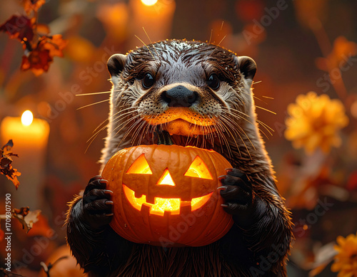 Cozy Halloween Scene – Otter and Carved Pumpkin