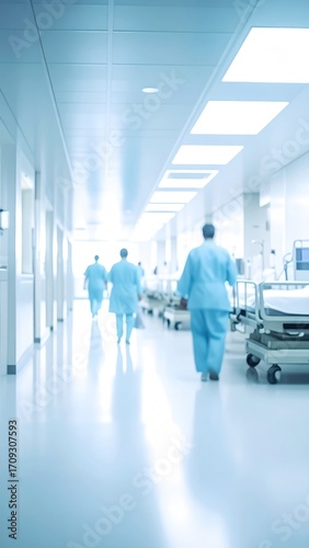 Blurred hallway in a sterile hospital; three figures in scrubs are walking away into the distance, with gurneys lined up