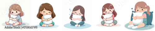vector little girl sitting on the floor hugging a pillow