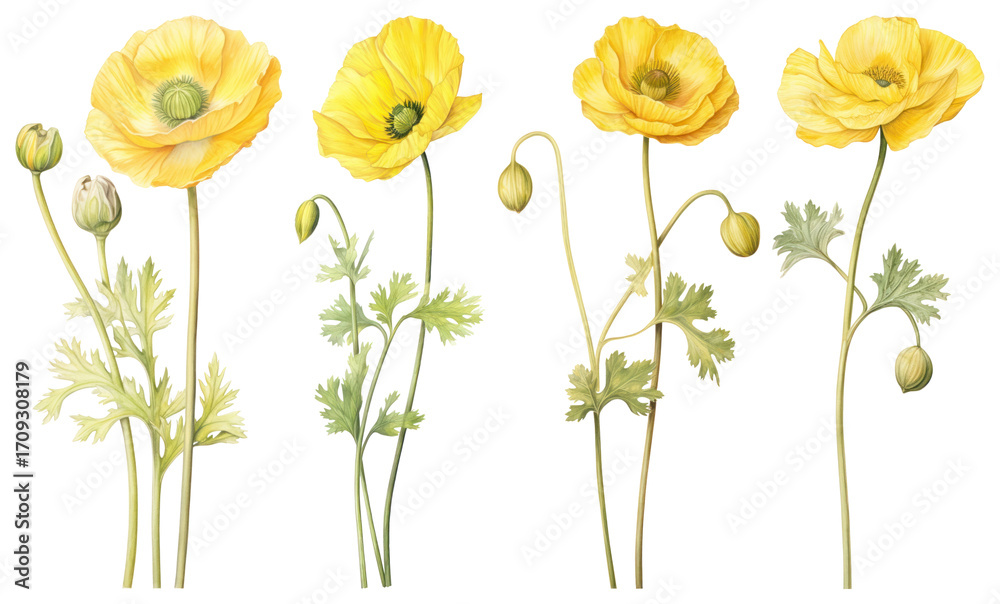 Fototapeta premium PNG Delicate yellow poppy illustration, element set on transparent background