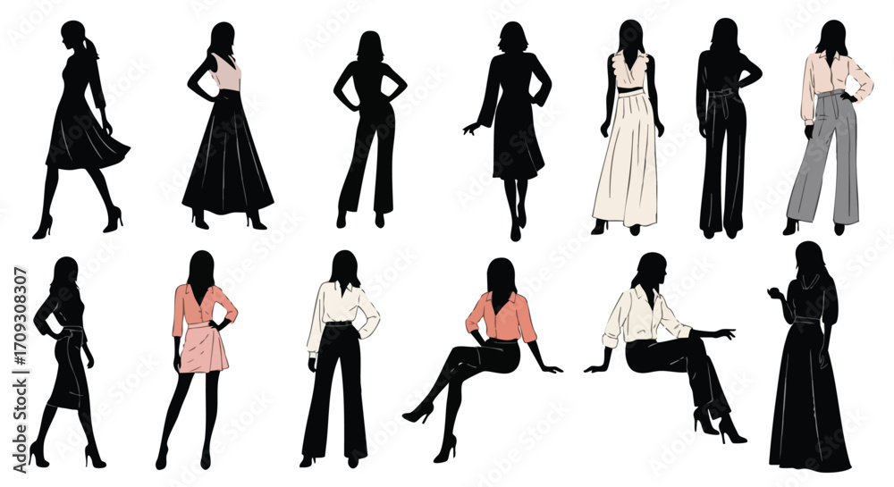 Obraz premium Stylish women in chic fashion silhouettes, perfect for design projects and lifestyle themes