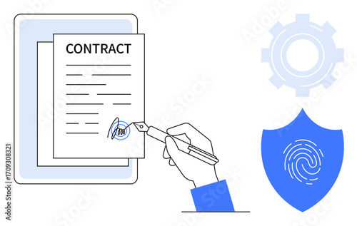 Hand signing a digital contract with shield displaying fingerprint and gear. Ideal for technology, security, trust, agreement, business, legal, innovation. Clean simple flat metaphor