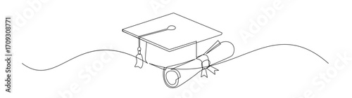 Graduation Cap and Diploma Continuous Line Art