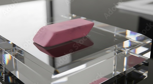 Minimalist desk scene with pink eraser resting on polished glass surface
