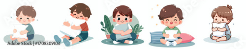 vector little boy sitting on the floor hugging a pillow