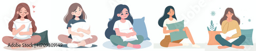 vector woman sitting on the floor hugging a pillow