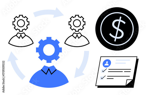 Gears, people, arrows, document, dollar sign conveying collaboration, workflow, strategy, finance productivity HR automation. Ideal for business management planning teamwork digital