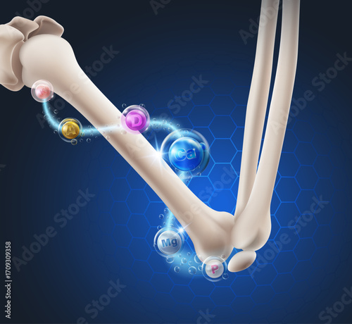 Vitamins and minerals Calcium, Vitamin D, Magnesium, Phosphorus flowing around a human bones of the arms and elbows for strong bones and joint health. ideal for health, nutrition, supplement content.
