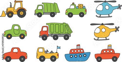 Colorful cartoon construction vehicles boats and helicopters on transparent background