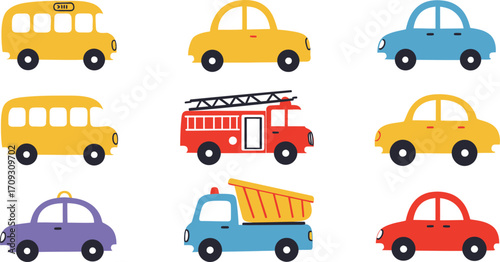 Colorful cartoon vehicles including buses cars trucks on transparent background