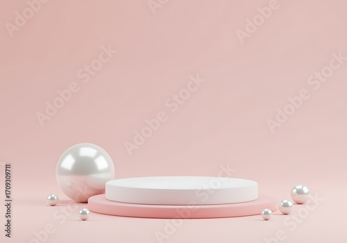 Elegant Pink Podium for Product Display with Pearl Accents and Modern Design Aesthetics ideal for showcasing cosmetics or jewelry