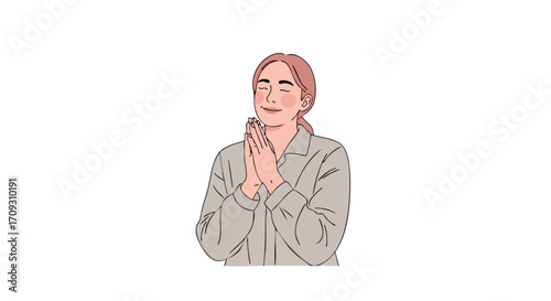 Young woman with closed eyes and clasped hands in moment of gratitude, hope, or prayer