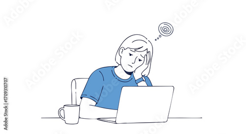 Frustrated person feeling overwhelmed by work tasks on laptop with coffee nearby